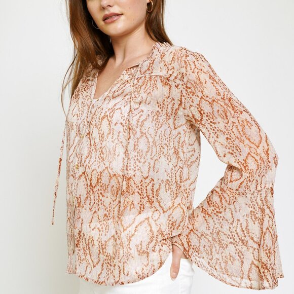 MYSTREE Neutral Snake Print Sheer Blouse, Lightweight Chiffon Button Down - Picture 6 of 8